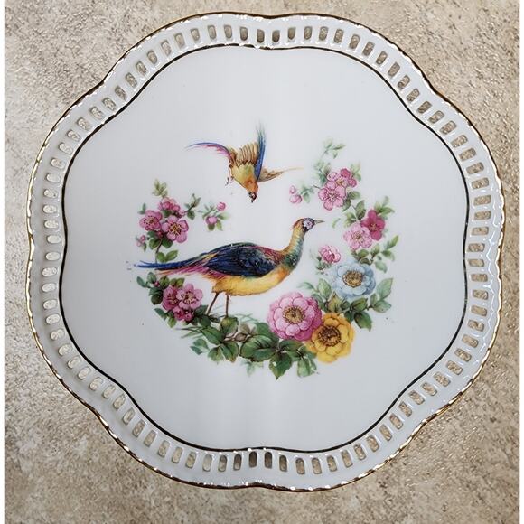 Bavaria Schumann Bird Plates w/ Gold Rim & Lattice Edge – Pair, 5.5" Diameter - Picture 3 of 4